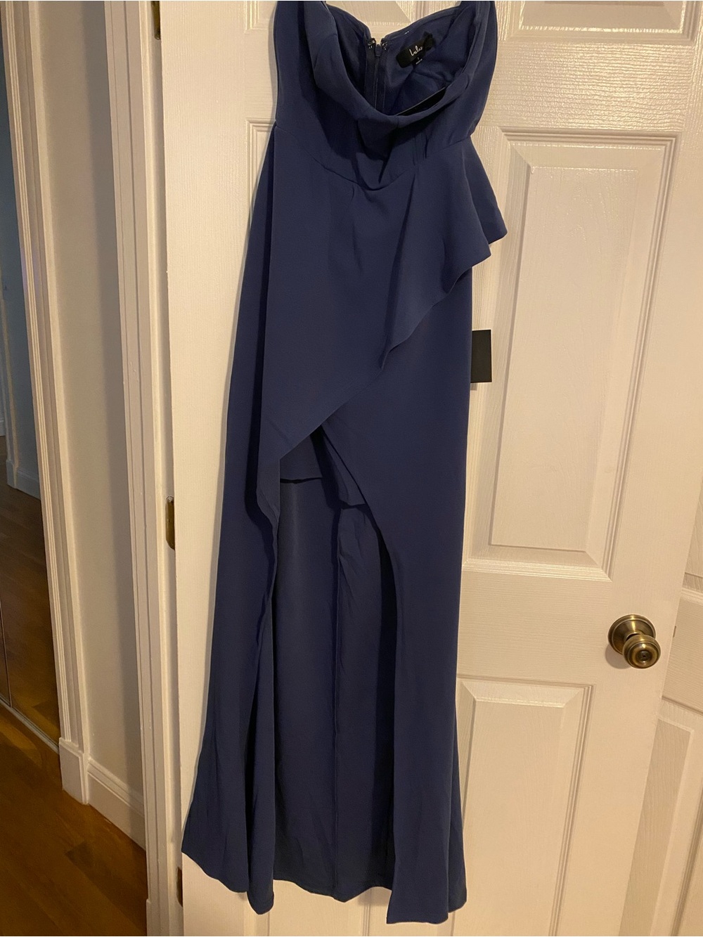 Lulu's Navy Strapless Draped Ruffle Evening Gown